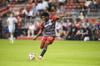 Toronto FC forward Deandre Kerr (29) shoots against CF Montreal during the second half an MLS soccer game, Saturday, May 18, 2024 in Toronto. (Chris Katsarov/The Canadian Press via AP)