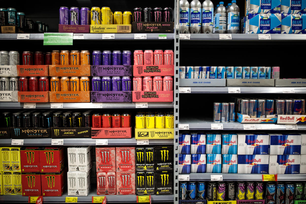 LONDON, ENGLAND - AUGUST 30: A variety of energy drinks for sale in a supermarket on August 30, 2018 in London, England. British Prime Minister Theresa May has announced government plans to ban the sale of energy drinks to under 18s in England amid health concerns. (Photo by Jack Taylor/Getty Images)