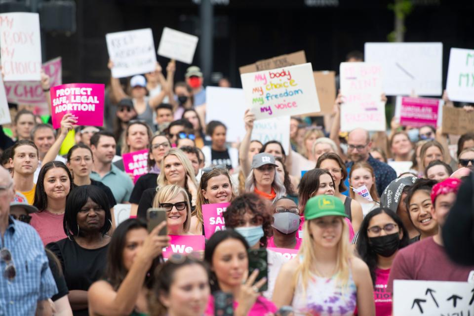 Demonstrators gather outside the new federal courthouse in Nashville on May 3, 2022 to protest the potential overturning of Roe v. Wade after a leaked document revealed the U.S. Supreme Court privately voted to strike down the case that guarantees the right to abortion.