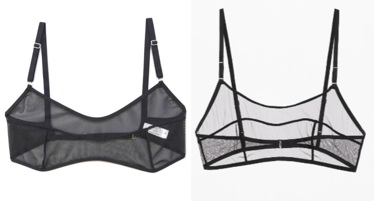 Canadian lingerie designer Mary Young claims that her Kendi Bra (left) was allegedly knocked off by Zara (right). (Photos via Mary Young and Zara)