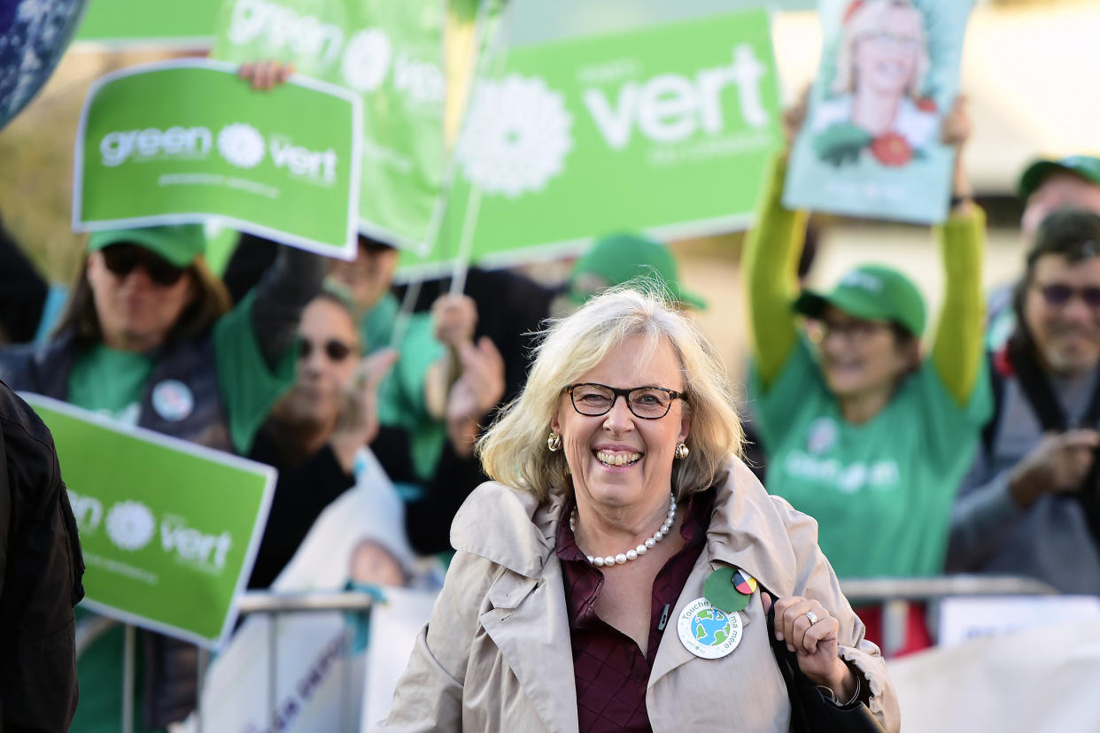 Green Party Leader Elizabeth May arrives for the French-language Federal leaders' debate in Gatineau, Quebec on Thursday, Oct. 10, 2019. (Frank Gunn/The Canadian Press via AP)