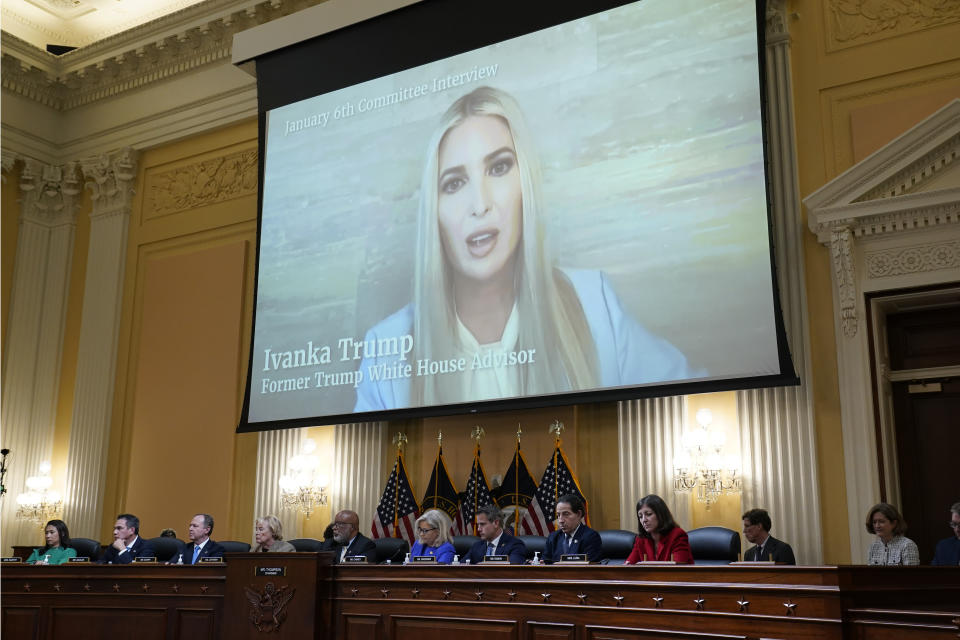 A video showing former White House Advisor Ivanka Trump speaking during an interview with the Jan. 6th Committee is shown as committee members from left to right, Rep. Stephanie Murphy, D-Fla., Rep. Pete Aguilar, D-Calif., Rep. Adam Schiff, D-Calif., Rep. Zoe Lofgren, D-Calif., Chairman Bennie Thompson, D-Miss., Vice Chair Liz Cheney, R-Wyo., Rep. Adam Kinzinger, R-Ill., Rep. Jamie Raskin, D-Md., and Rep. Elaine Luria, D-Va., look on, as the House select committee investigating the Jan. 6 attack on the U.S. Capitol holds its first public hearing to reveal the findings of a year-long investigation, at the Capitol in Washington, Thursday, June 9, 2022. (AP Photo/J. Scott Applewhite)