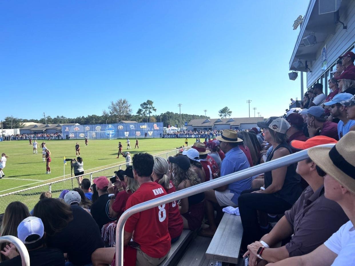 A packed crowd takes in the SEC Women's Soccer Tournament Championship match between Alabama and South Carolina on Sunday, Nov. 6, 2022 from Escambia County Stadium at the Ashton Brosnaham Soccer Complex.