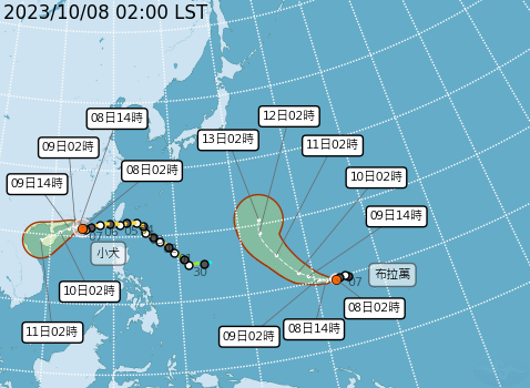 小犬颱風、布拉萬颱風最新路徑預測圖。中央氣象署提供