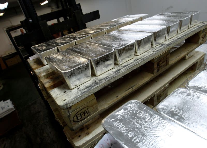 FILE PHOTO: Bars of silver are placed on wooden pallets at the KGHM copper and precious metals smelter processing plant in Glogow