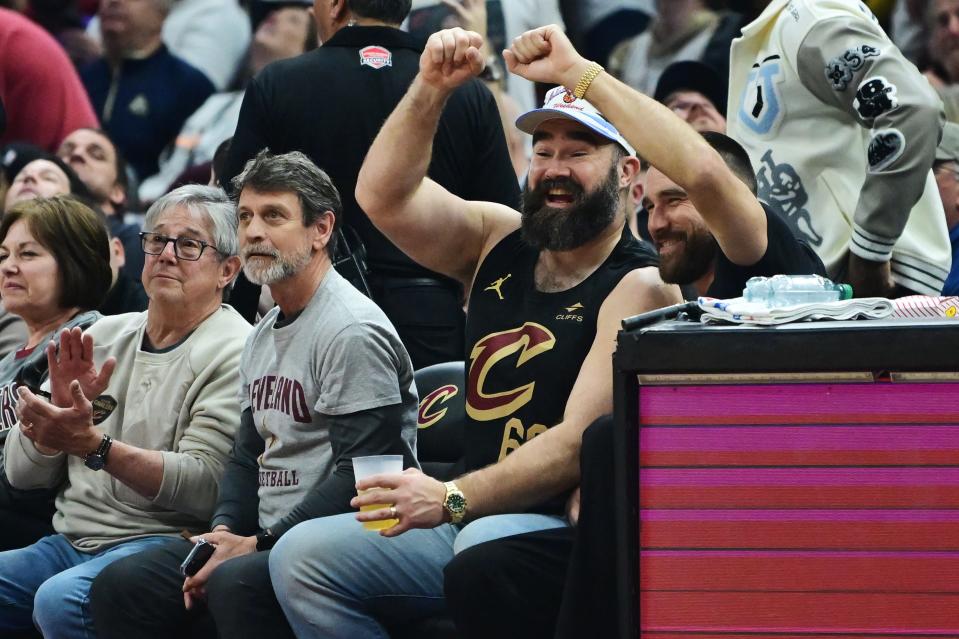 March 5: Jason and Travis Kelce sit courtside during the Cleveland Cavaliers' game against the Boston Celtics.