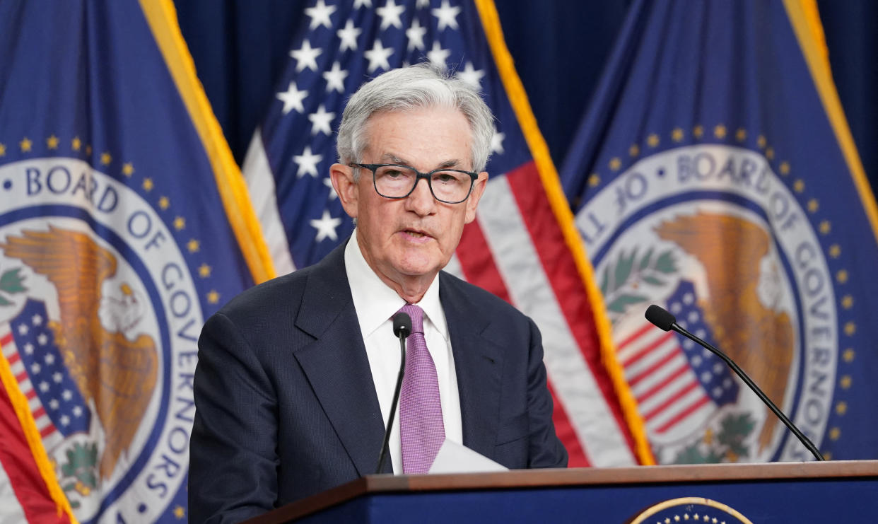 FTSE  U.S. Federal Reserve Chairman Jerome Powell holds a news conference after the release of the Fed policy decision to keep interest rates unchanged, at the Federal Reserve in Washington, U.S,  June 14, 2023.  REUTERS/Kevin Lamarque