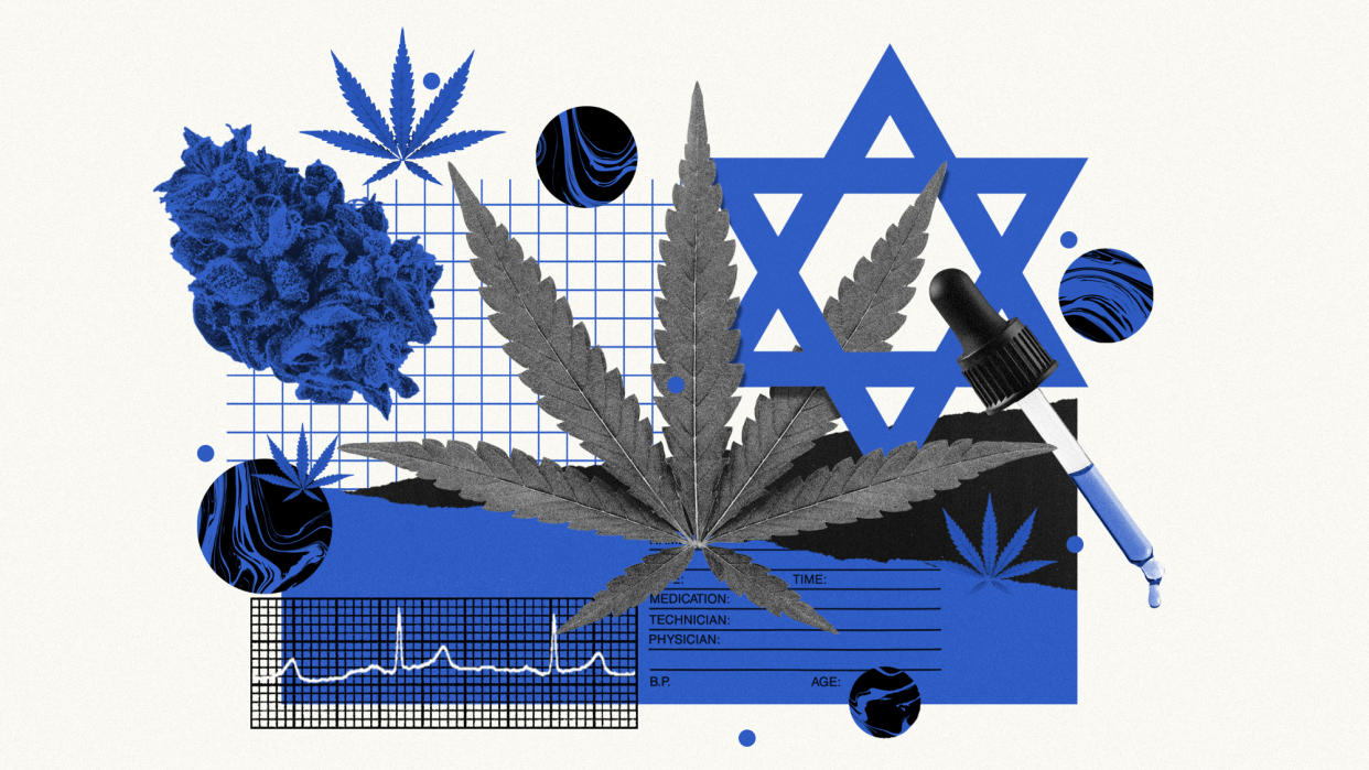  Photo composite of a Star of David, marijuana leaves, buds and CBD oil. 