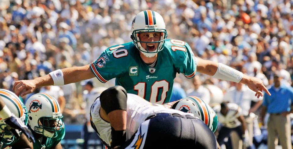 SAN DIEGO - SEPTEMBER 27:  Chad Pennington #10, quarterback of the Miami Dolphins, is seen with  band aid on the bridge of his nose as he calls a play against San Diego Chargers during first quarter of the NFL football game at Qualcomm Stadium on September 27, 2009 in San Diego, California.  (Photo by Kevork Djansezian/Getty Images)