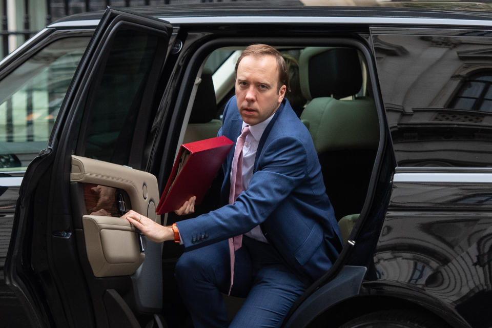 Health Secretary Matt Hancock arrives at 10 Downing Street, in Westminster, London. (Photo by Dominic Lipinski/PA Images via Getty Images)