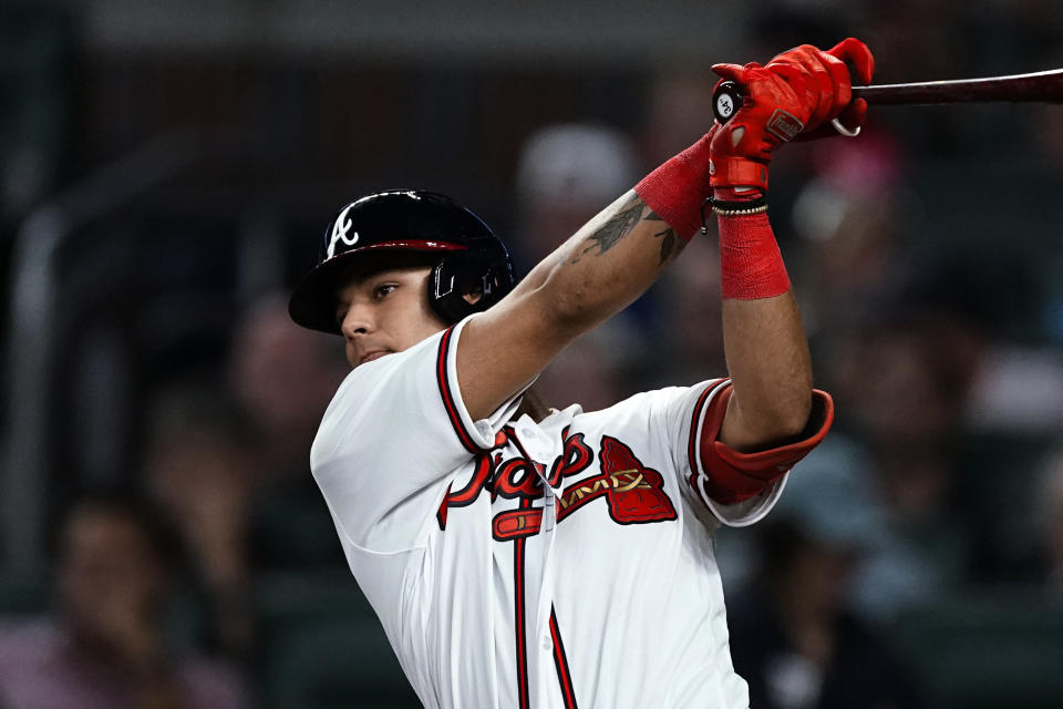 Atlanta Braves' Vaughn Grissom watches a single against the New York Mets during the fourth inning of a baseball game Monday, Aug. 15, 2022, in Atlanta. (AP Photo/John Bazemore)