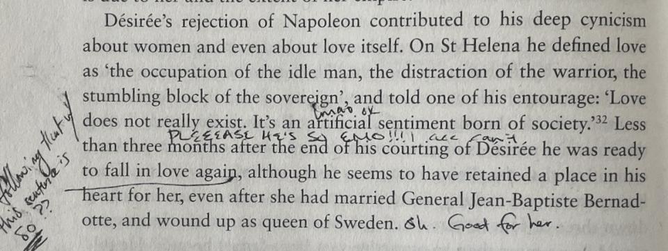 Annotated page from the book, including the line "Love does not really exist; it's an artificial sentiment born of society" by Napoleon