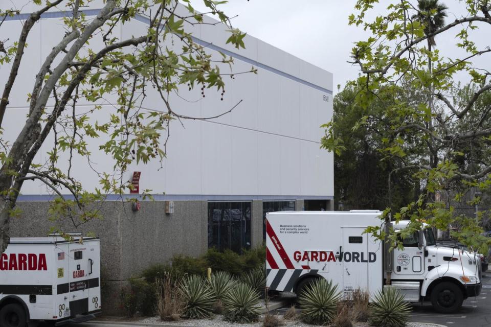 Armored trucks at the GardaWorld facility in Sylmar.