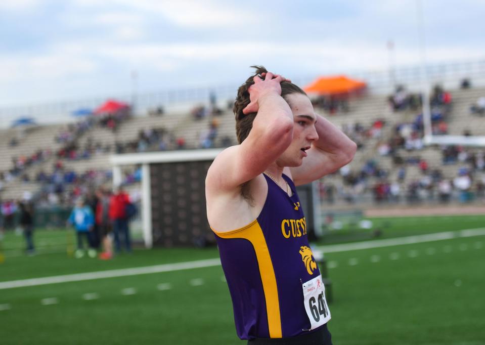 Custer's Blake Boyster reacts to barely winning the boys 200-meter special race at the Howard Wood Dakota Relays on Friday, May 6, 2022, in Sioux Falls.