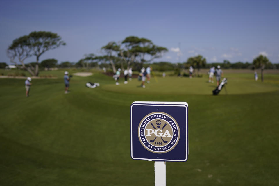 Players putt on the third hole during a practice round at the PGA Championship golf tournament on the Ocean Course Tuesday, May 18, 2021, in Kiawah Island, S.C. (AP Photo/David J. Phillip)