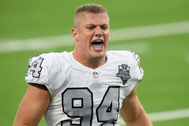 Las Vegas Raiders defensive lineman Carl Nassib, seen in 2020, revealed in a social media post on Monday that he is gay, making him the NFL's only active openly gay player. (Harry How/Getty Images - image credit)