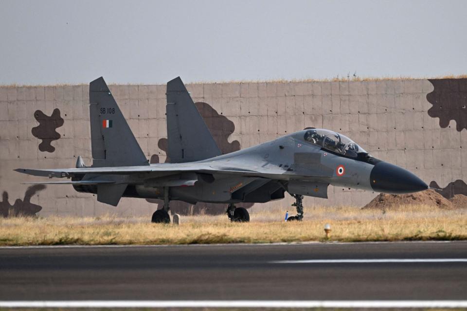 An Indian Air Force Su-30MKI fighter during the joint Garuda VII exercise at Jodhpur in the desert state of Rajasthan on November 8, 2022. <em>Photo by EMMANUEL DUNAND/AFP via Getty Images</em>