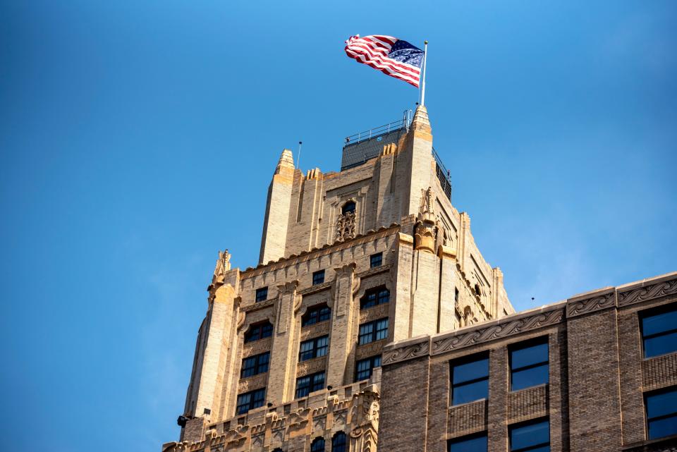The flag flying on the roof of 1180 Raymond Blvd. measures twenty feet by thirty feet. The flag is typically replaced every three to four months, however due to a flag shortage as a result of the pandemic the building has had to wait longer than usual to replace their flag.