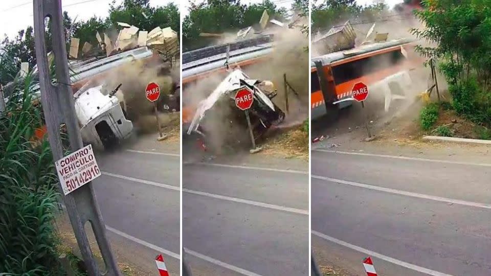 The high-speed train rips through the lorry on the crossing. Picture: LiveLeak