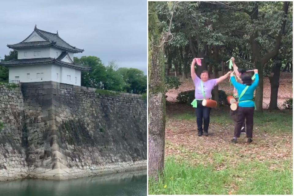 厲害了中國大媽！在大阪城裡集體跳花鼓舞，網驚「淪陷了」。（翻自X平台）