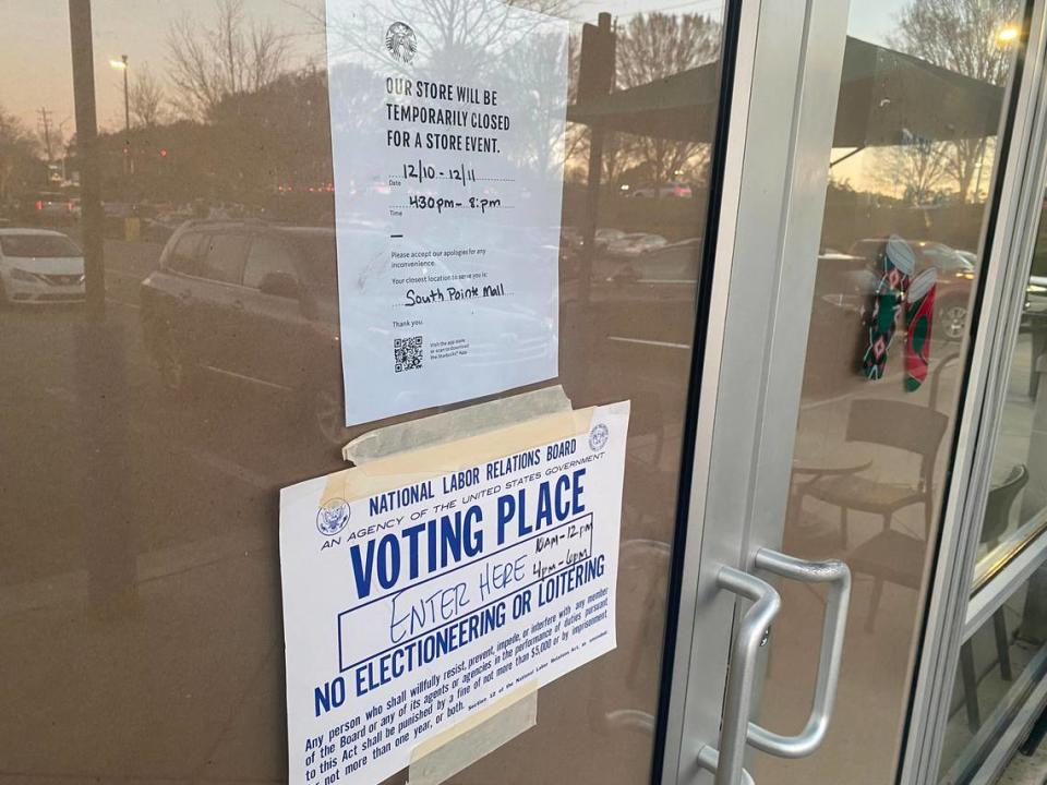 Election signs posted outside the Starbucks at 6813 Fayetteville Rd in Durham, NC.