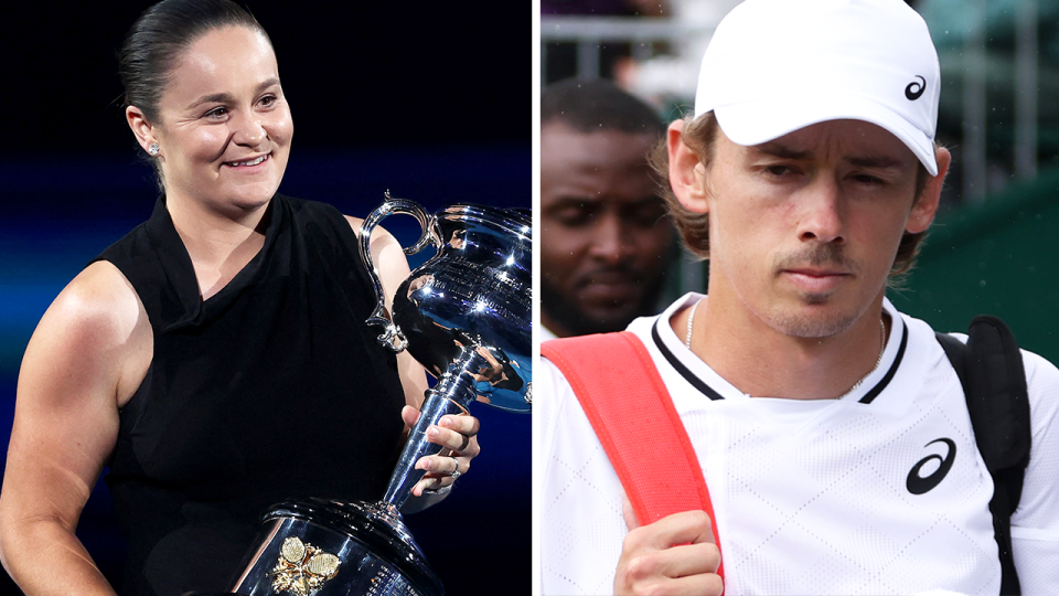 Ash Barty (pictured left) and Nick Kyrgios have rallied around Alex de Minaur after he withdrew from his match against Novak Djokovic at Wimbledon. (Getty Images)