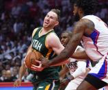 Apr 30, 2017; Los Angeles, CA, USA; Los Angeles Clippers center DeAndre Jordan (6) fouls Utah Jazz forward Gordon Hayward (20) as he drives to the basket in the second period of game seven of the first round of the 2017 NBA Playoffs at Staples Center. Mandatory Credit: Jayne Kamin-Oncea-USA TODAY Sports