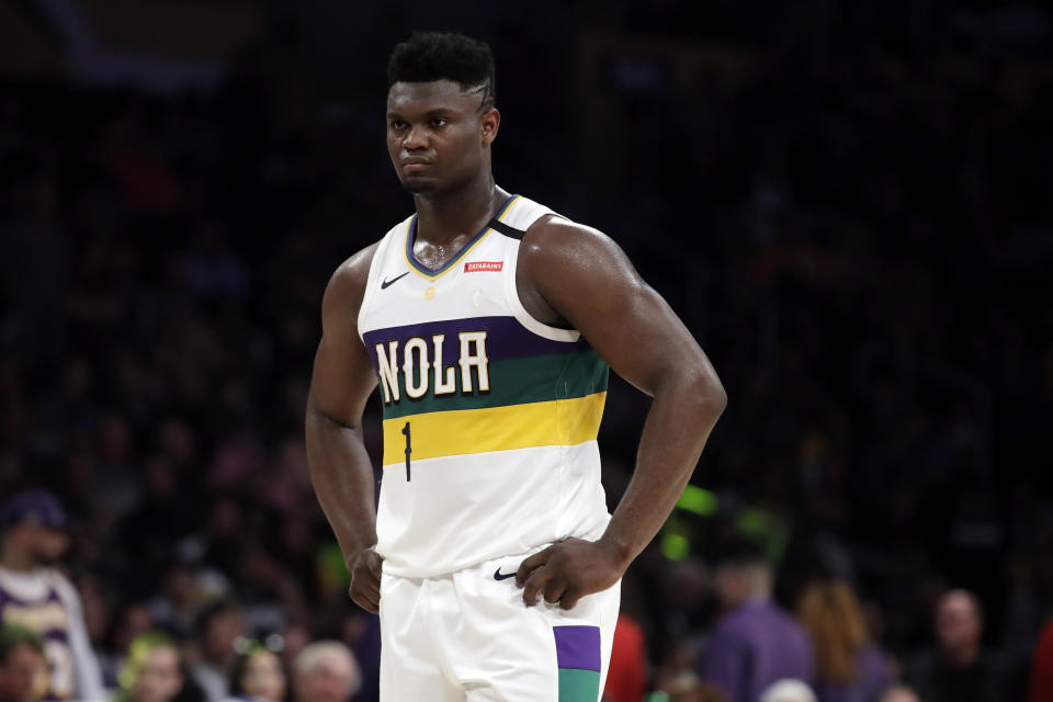 New Orleans Pelicans' Zion Williamson (1) during the second half of an NBA basketball game against the Los Angeles Lakers Tuesday, Feb. 25, 2020, in Los Angeles. (AP Photo/Marcio Jose Sanchez)