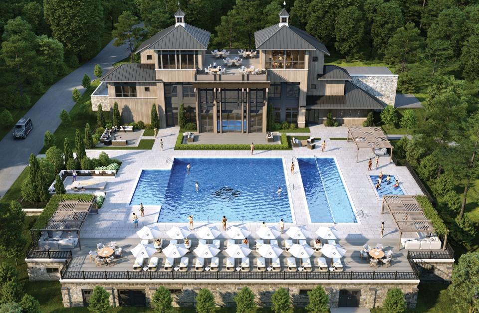 As shown in this rendering, the Serenité pool house features a saltwater vitality pool, sauna, multiple contrast bathing circuits, a members’ lounge and rooftop bar, and a social area with stunning mountain views.