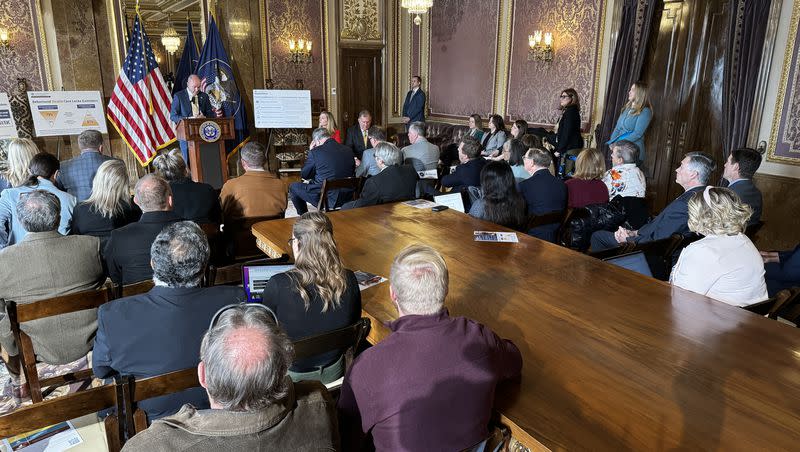 Gov. Spencer Cox speaks at the Capitol on Tuesday Jan. 9, 2024, about behavioral health licenses. Cox wants changes in the licensing of behavioral health professionals in the state.
