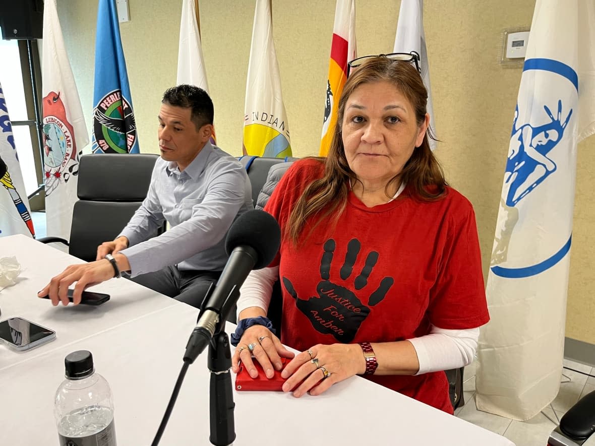 The mother of Amber Alyssa Tuccaro spoke at a news conference held by the murder victim's family at the Treaty 8 First Nations of Alberta office in Edmonton on Thursday, March 16, 2023.  (Brendan Coulter/CBC  - image credit)