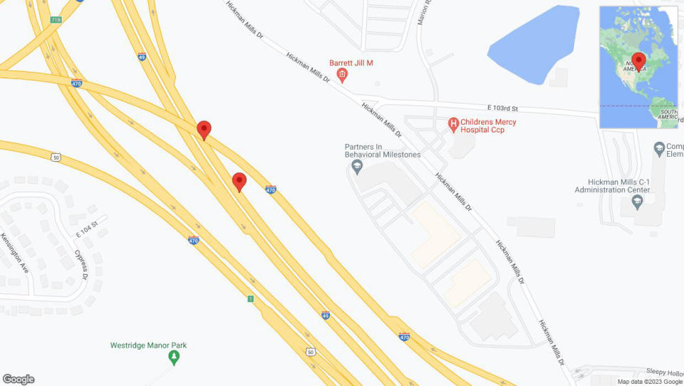 A detailed map that shows the affected road due to 'Broken down vehicle on northbound I-40/US-71 in Kansas City' on October 16th at 2:38 p.m.