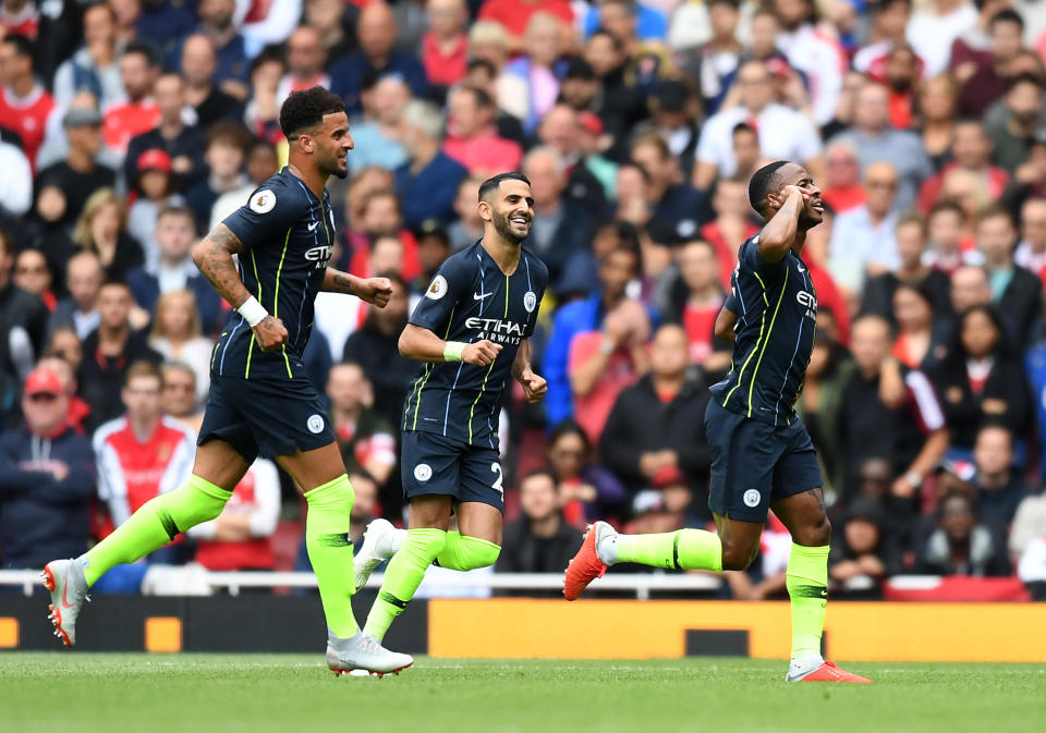 Raheem Sterling celebrates his opening goal for Manchester City against Arsenal on the first weekend of the 2018-19 Premier League season. (Getty)