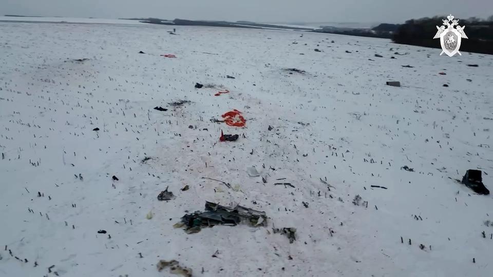 In this photo taken from video released by Russian Investigative Committee wreckage of the Il-76 is seen near Yablonovo, Belgorod region of Russia, Thursday, Jan. 25, 2024. Russia and Ukraine are trading accusations over the crash of a military transport plane that Moscow said was carrying Ukrainian prisoners of war and was shot down by Kyiv's forces. The Il-76 crashed in a huge ball of fire in a rural area of Russia, and authorities there said all 74 people on board, including 65 POWs, six crew and three Russian servicemen, were killed. (Russian Investigative Committee via AP)