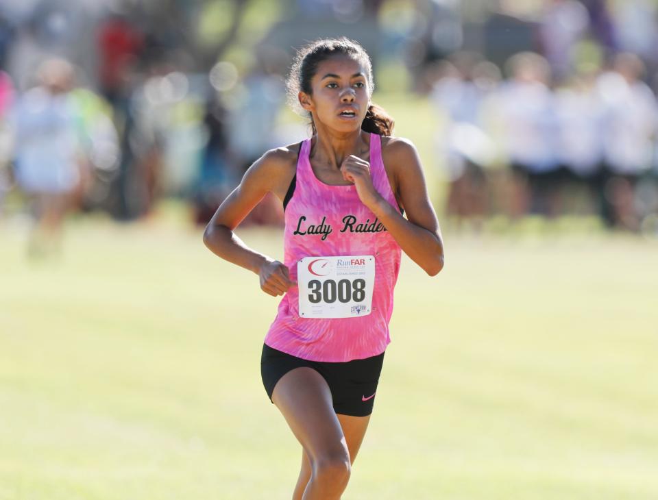 Canyon Randall’s Sierra Sanchez (3008) finished in second place. Athletes compete in the Lubbock Independent School District cross country Invitational, Saturday, Sept. 17, 2022, at Mae Simmons Park. 