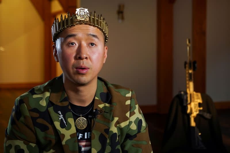 Hyung Jin Sean Moon speaks during an interview after praying for the re-election of U.S. President Trump in Newfoundland