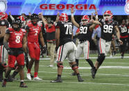 Georgia kicker Jack Podlesny (96) reacts to his game-winning 53-yard field goal with three seconds remaining in the game to beat Cincinnati 24-21 in the NCAA college football Peach Bowl game on Friday, Jan. 1, 2021, in Atlanta. (Curtis Compton/Atlanta Journal-Constitution via AP)