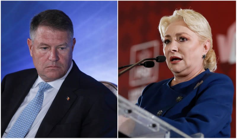 Combination picture shows Romanian incumbent candidate Iohannis and former Romanian PM Dancila in Bucharest
