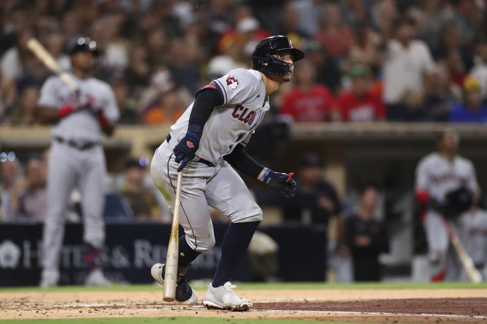 Cleveland Guardians' Andres Gimenez watches his solo home run against the San Diego Padres in the fifth inning of a baseball game Tuesday, Aug. 23, 2022, in San Diego. (AP Photo/Derrick Tuskan)