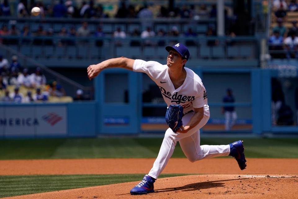 Los Angeles Dodgers starting pitcher Walker Buehler throws to the plate during the first inning of a baseball game against the Detroit Tigers at Dodger Stadium in Los Angeles on Sunday, May 1, 2022.