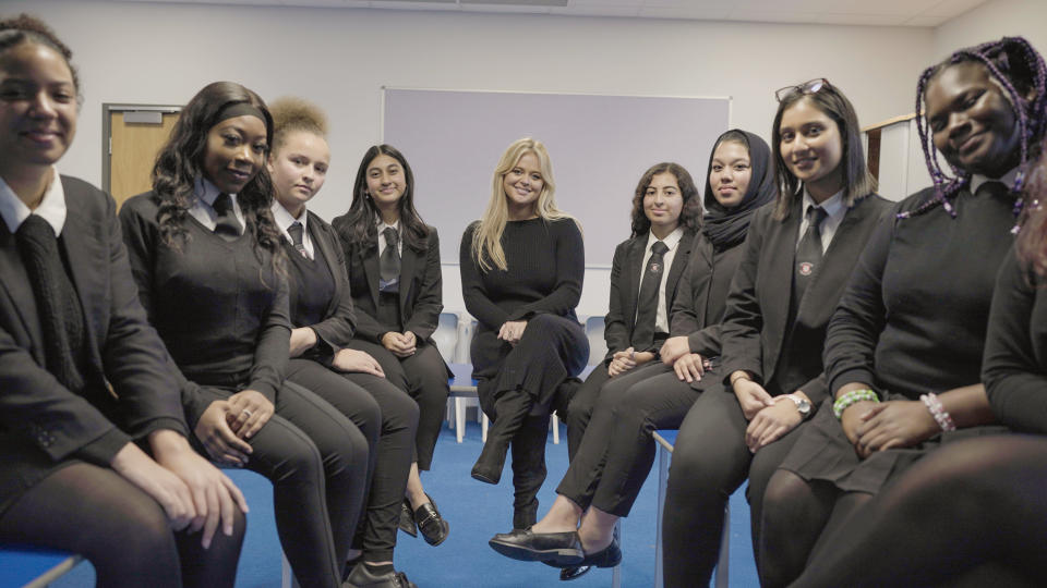 Emily Atack visited a school to talk to teenage girls about sexual harassment. (BBC)