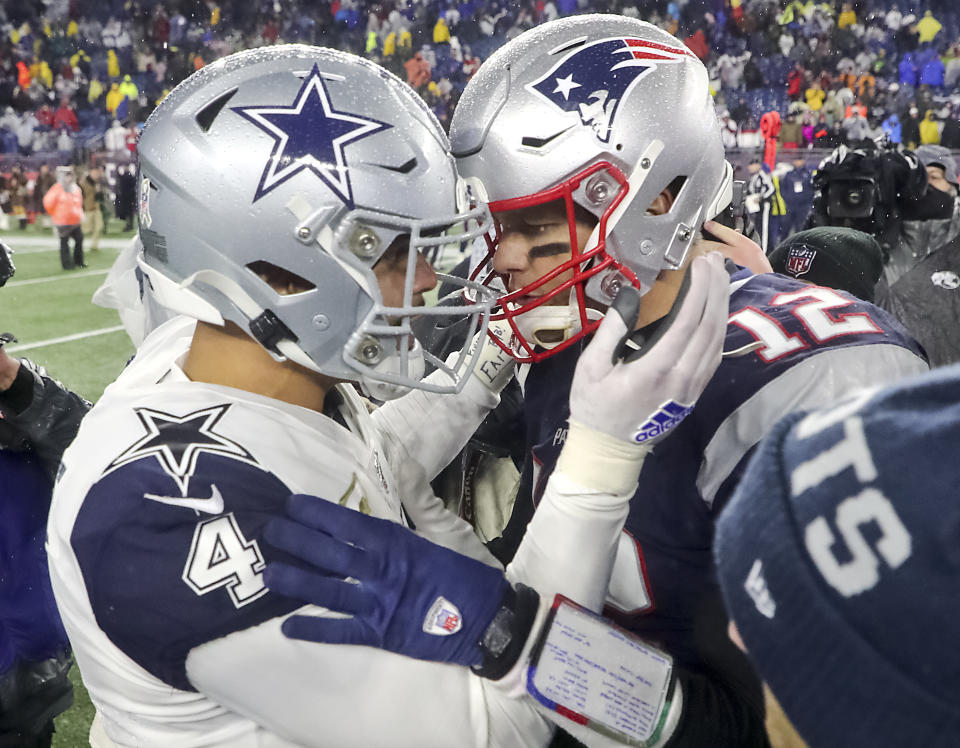 FOXBOROUGH, MA - NOVEMBER 24: New England Patriots quarterback Tom Brady and Dallas Cowboys quarterback Dak Prescott talk after the Patriots defeated the Cowboys 13-9 at Gillette Stadium. The New England Patriots host the Dallas Cowboys for a Sunday afternoon football game at Gillette Stadium in Foxborough, MA on Nov. 24, 2019. (Photo by Matthew J. Lee/The Boston Globe via Getty Images)