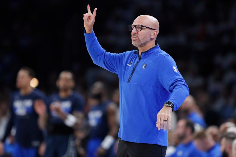 Dallas coach Jason Kidd gestures during Game 1 of the Western Conference semifinals NBA playoff game between the Oklahoma City Thunder and the Dallas Mavericks at Paycom Center in Oklahoma City, Tuesday, May 7, 2024. Oklahoma City won 117-95.