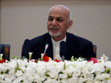 FILE PHOTO: Afghan President Ashraf Ghani speaks during during a peace and security cooperation conference in Kabul, Afghanistan February 28, 2018. REUTERS/Omar Sobhani