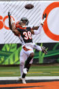 Cincinnati Bengals cornerback LeShaun Sims (38) breaks up a pass intended for Jacksonville Jaguars wide receiver Chris Conley (18) in the second half of an NFL football game in Cincinnati, Sunday, Oct. 4, 2020. (AP Photo/Aaron Doster)