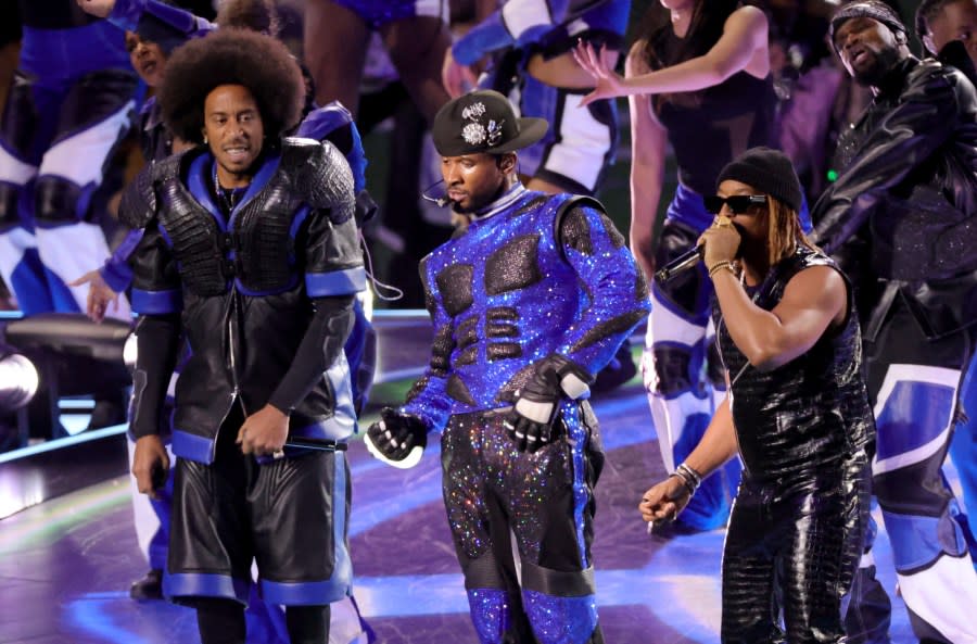 LAS VEGAS, NEVADA – FEBRUARY 11: (L-R) Ludacris, Usher, and Lil Jon perform onstage during the Apple Music Super Bowl LVIII Halftime Show at Allegiant Stadium on February 11, 2024 in Las Vegas, Nevada. (Photo by Ethan Miller/Getty Images)