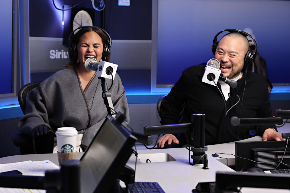 NEW YORK, NEW YORK - JANUARY 23: Chrissy Teigen and David Chang visit SiriusXM's Andy Cohen Live at the SiriusXM Studios on January 23, 2024 in New York City. (Photo by Cindy Ord/Getty Images)
