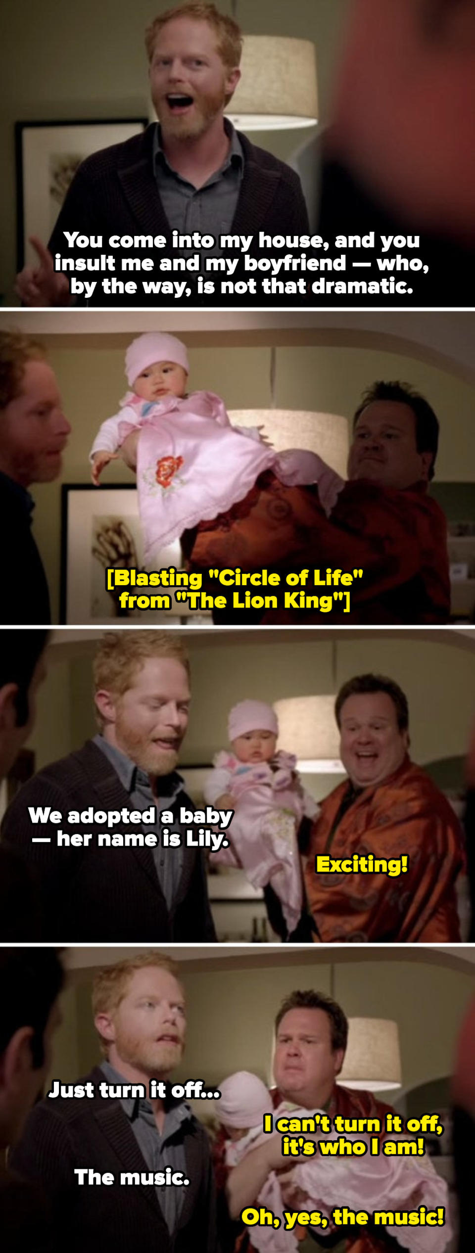 Cameron introducing Lily to the family by raising her in the air like Simba in "The Lion King"