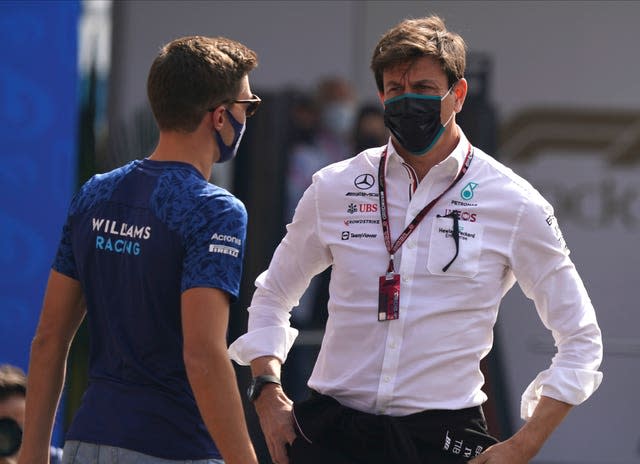 Russell speaks with Mercedes boss Toto Wolff at the recent Mexican GP