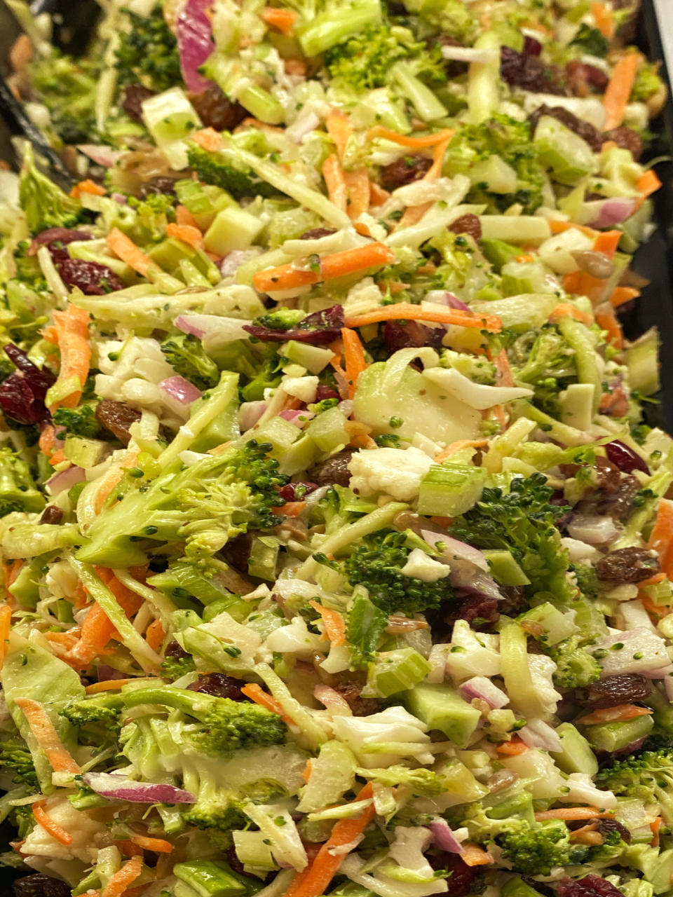 An up-close photo of broccoli slaw.